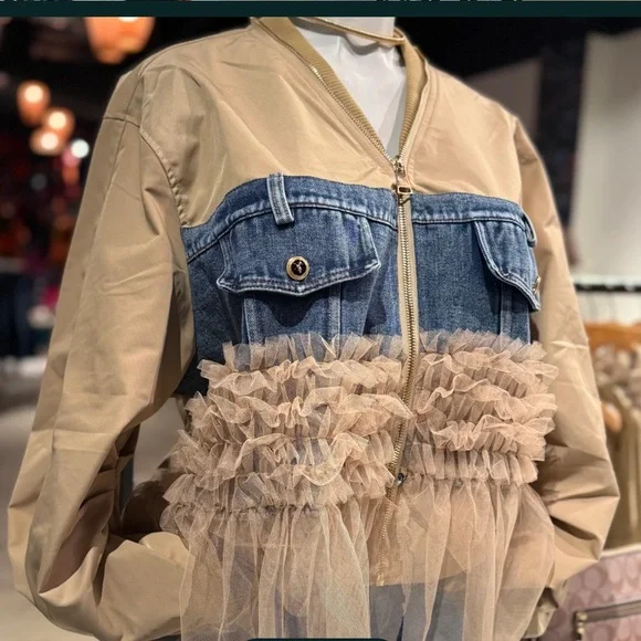 NWT Mesh Layer Bomber Jacket Denim and Tan Ruffle Jacket - Picture 1 of 13